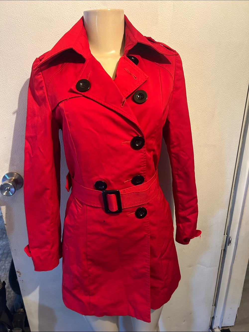 Women's Red Double-Breasted Trench Coat with Belt